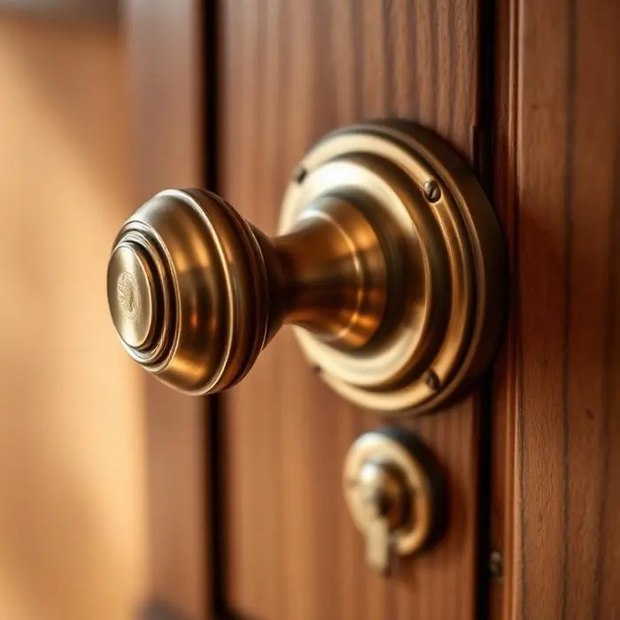 Perilla y chapa de latón instalada en puerta de madera